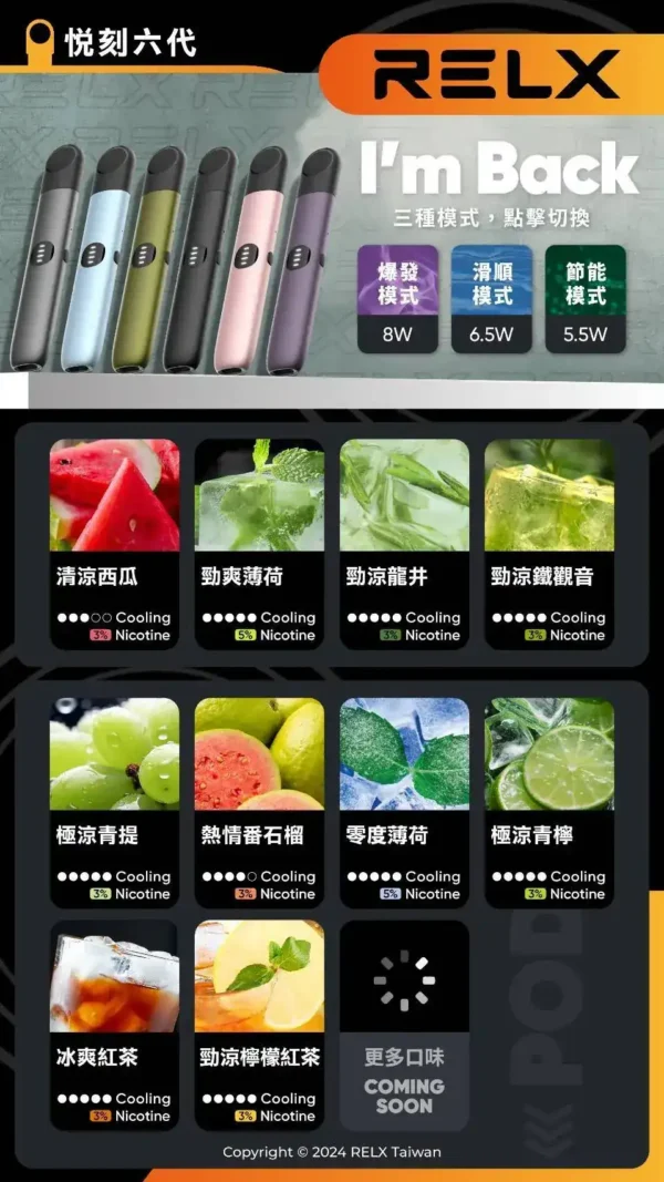 WPS图片1-1.webp 【滿3加購350送主機 / 滿10送2】【悅刻RELX】六代通用煙彈|3%-5%丁鹽防漏磁吸|台灣現貨秒發
