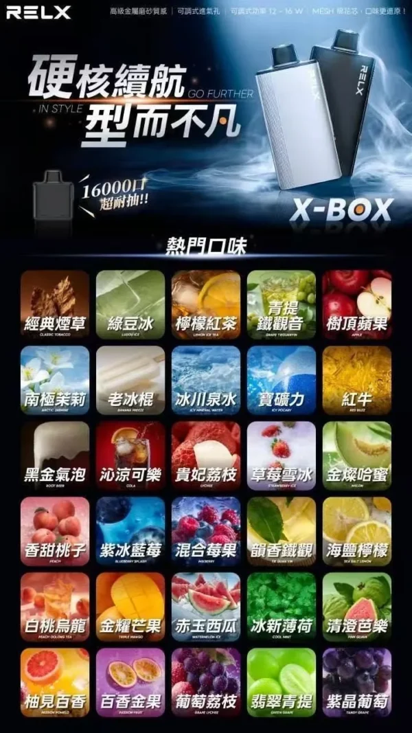 RELX-悅刻-X-BOX-16000口拋棄式電子煙-風味圖 【RELX 悅刻 X-BOX】16000口換彈式拋棄式電子煙套裝|Mesh網狀芯 × 雙段功率調節|台灣現貨秒發